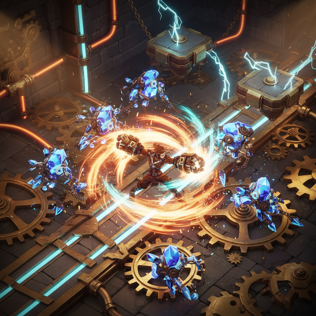Combate frenético em um jogo de RPG de ação com efeitos de luz vibrantes e herói enfrentando monstros mecânicos.