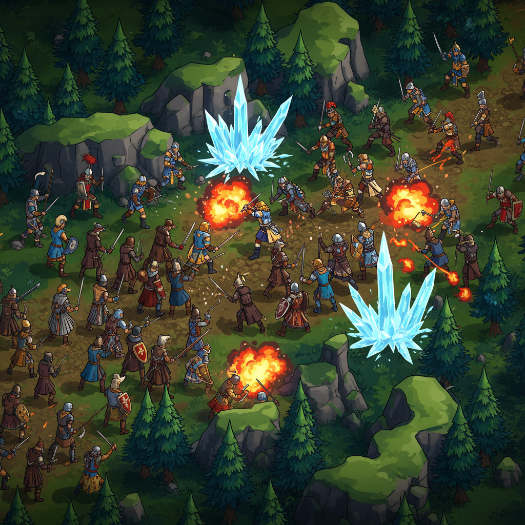 Grande batalha PvP entre guerreiros em um campo de batalha de RPG isométrico com efeitos mágicos coloridos.