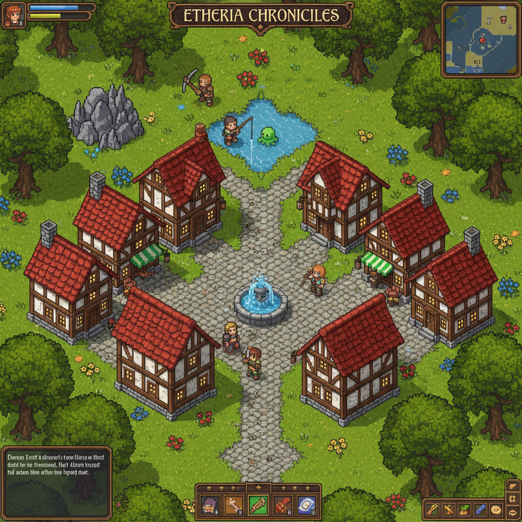 Visão isométrica em pixel art de um MMORPG medieval com personagens minerando e explorando uma vila detalhada.