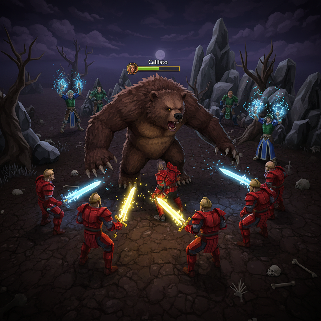 Cena épica de gameplay de Old School RuneScape com batalha contra boss e combate PvP no deserto.