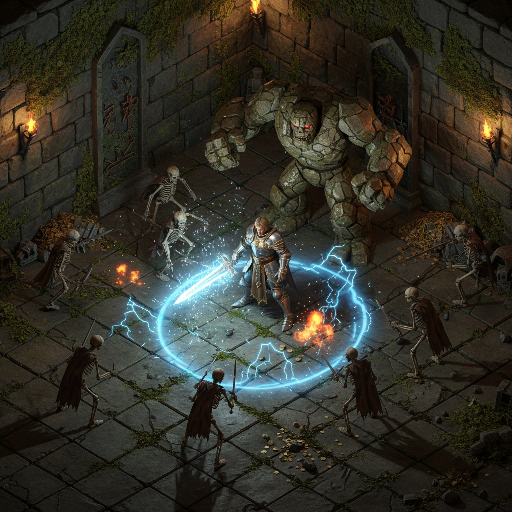 RPG em perspectiva isométrica com guerreiro enfrentando monstros em uma masmorra detalhada.