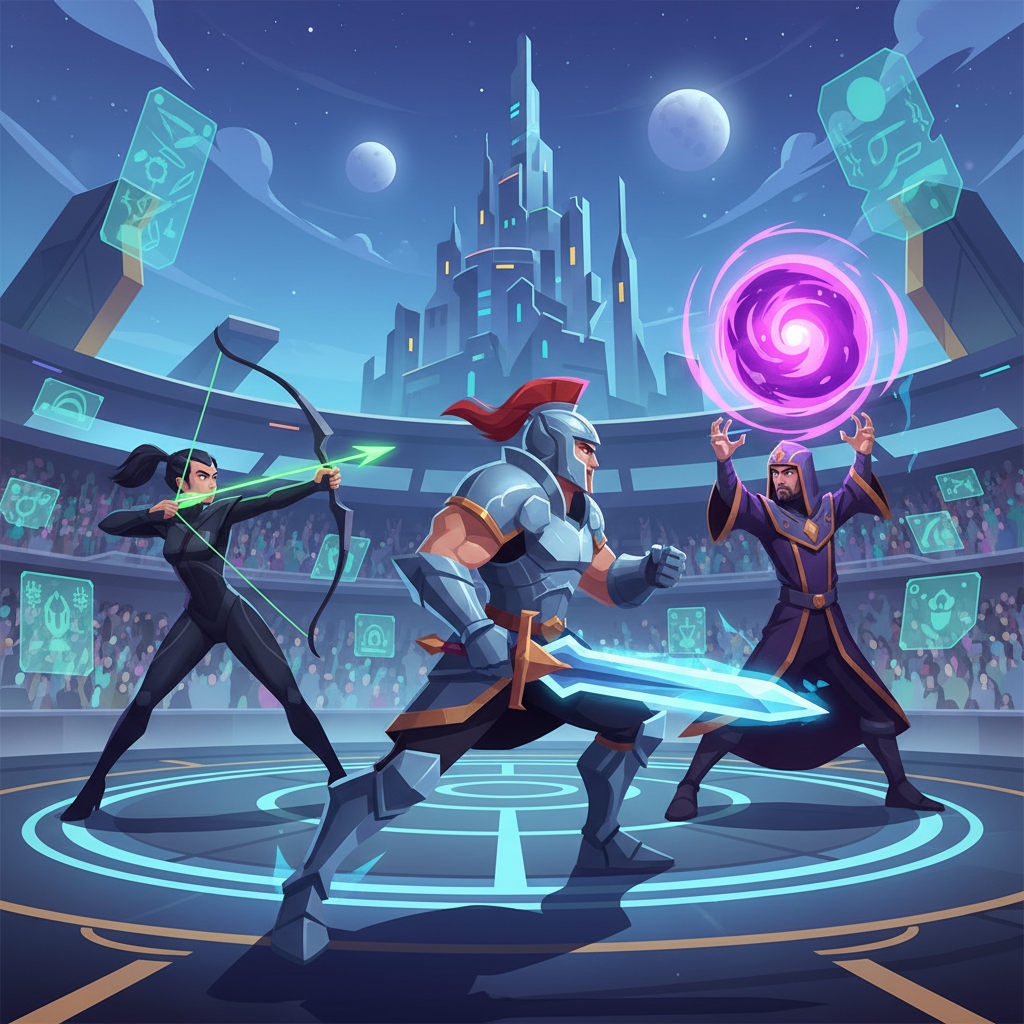 medieval fantasy MMORPG character classes warrior archer mage fighting in arena