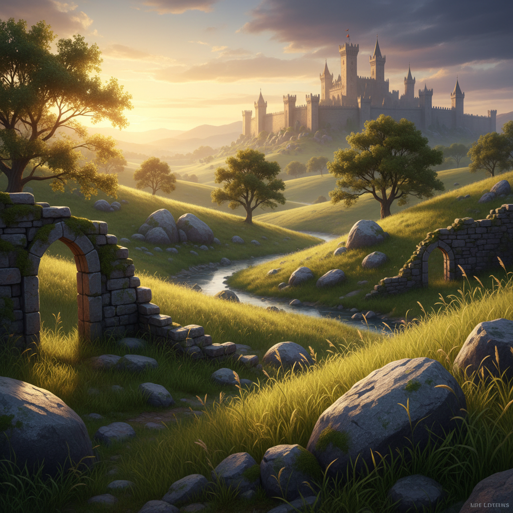 Paisagem de fantasia medieval com colinas verdes, ruínas de pedra e um castelo ao fundo sob a luz do amanhecer.