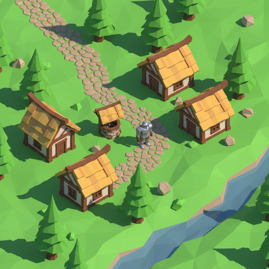 Vista aérea de um jogo MMORPG retrô com gráficos low-poly, mostrando uma vila medieval e personagem em armadura.