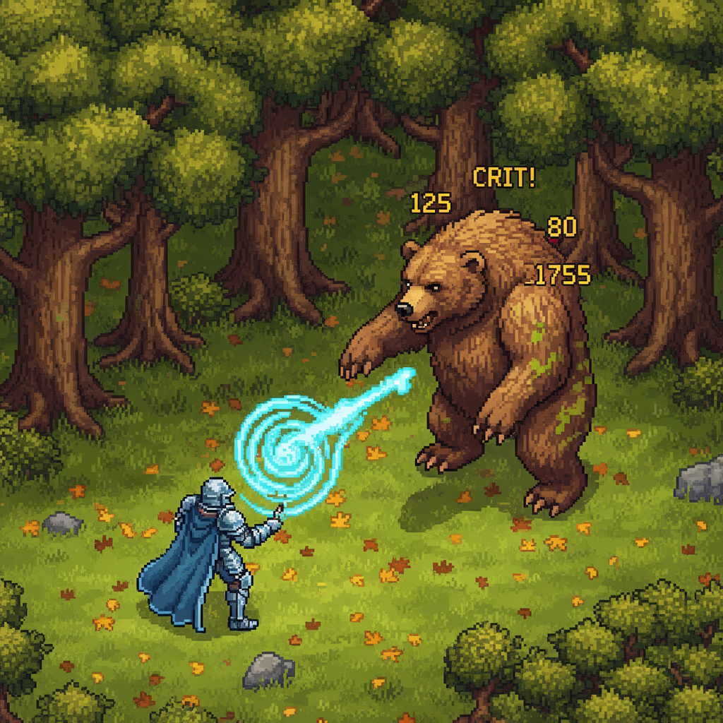 Gameplay de combate pixel art no jogo Ravendawn com guerreiro e urso em uma floresta detalhada.