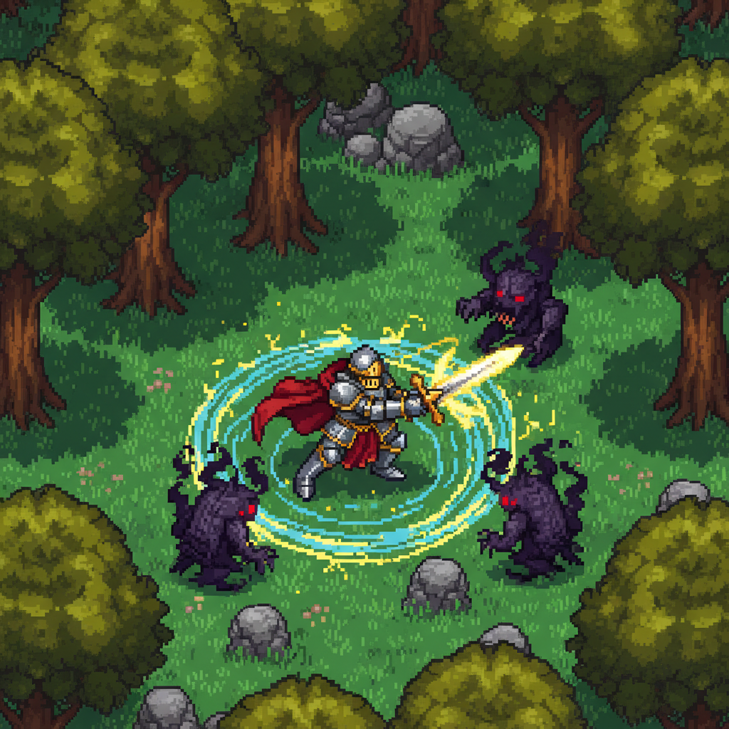 Combate em arte pixel 2D de Warspear Online em uma floresta mágica com efeitos de luz vibrantes.