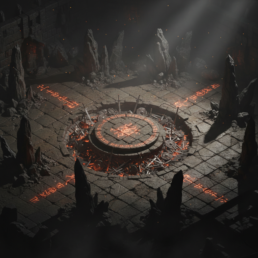Visão isométrica de uma arena de batalha medieval sombria com símbolos mágicos no chão e pilares de pedra.