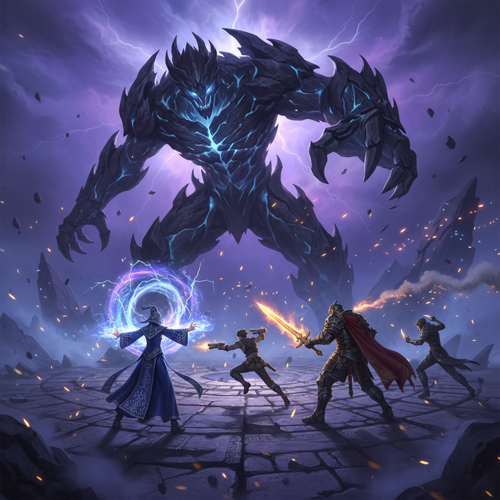 Cena épica de batalha contra chefe em um RPG de ação com efeitos mágicos brilhantes e um guardião gigante.
