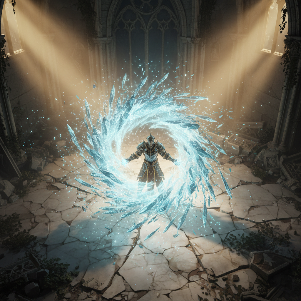 Efeitos mágicos de gelo e energia em um cenário de RPG de ação com gráficos realistas e iluminação dinâmica.