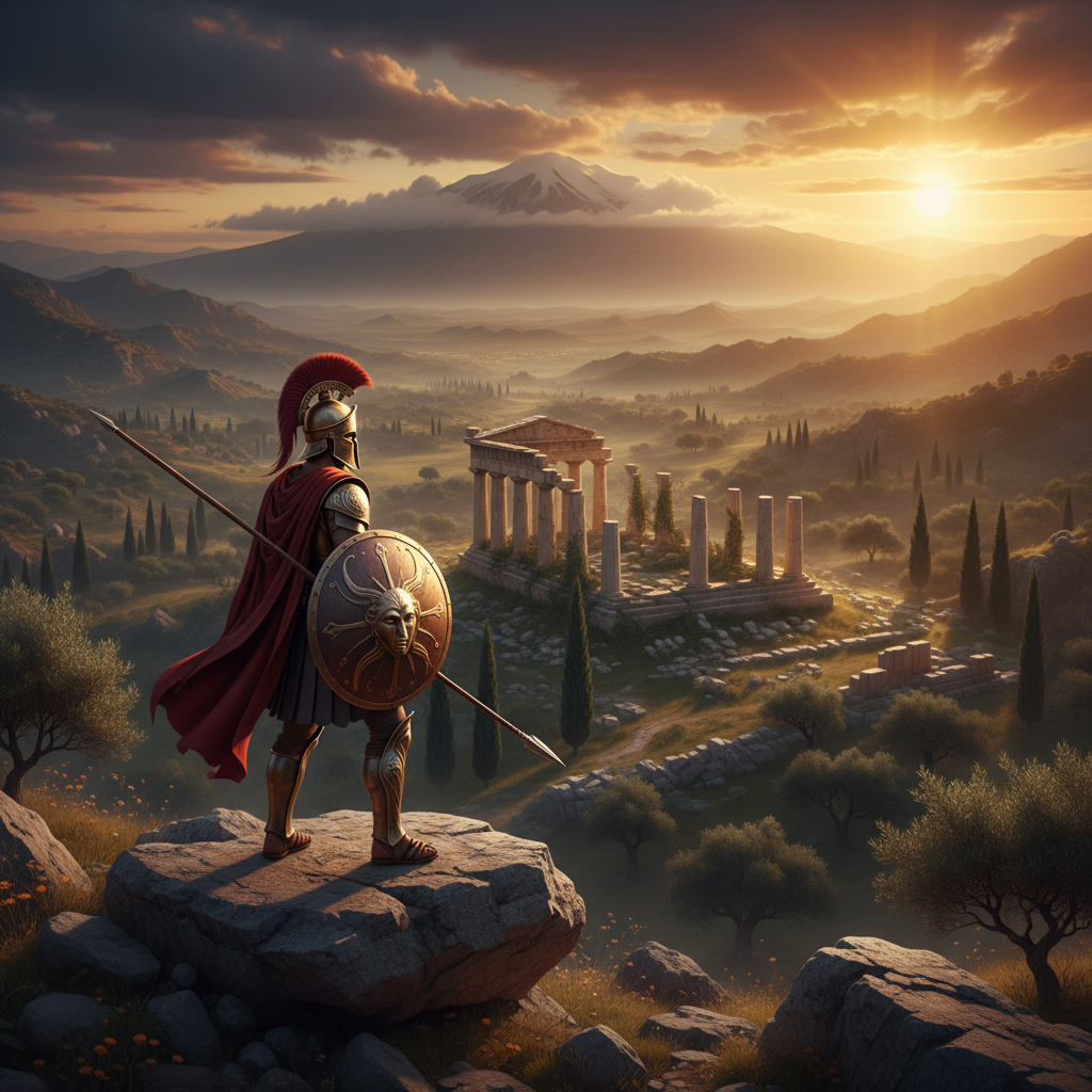 Herói em armadura grega antiga observando um vale com templos de mármore e oliveiras sob um pôr do sol épico.