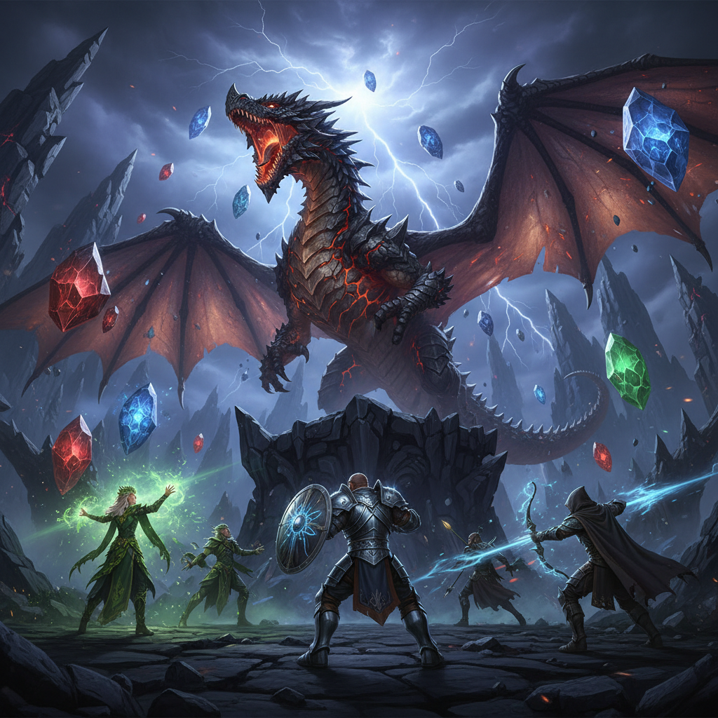 Cena épica de raid inspirada em World of Warcraft com heróis enfrentando um dragão colossal em uma arena vulcânica.