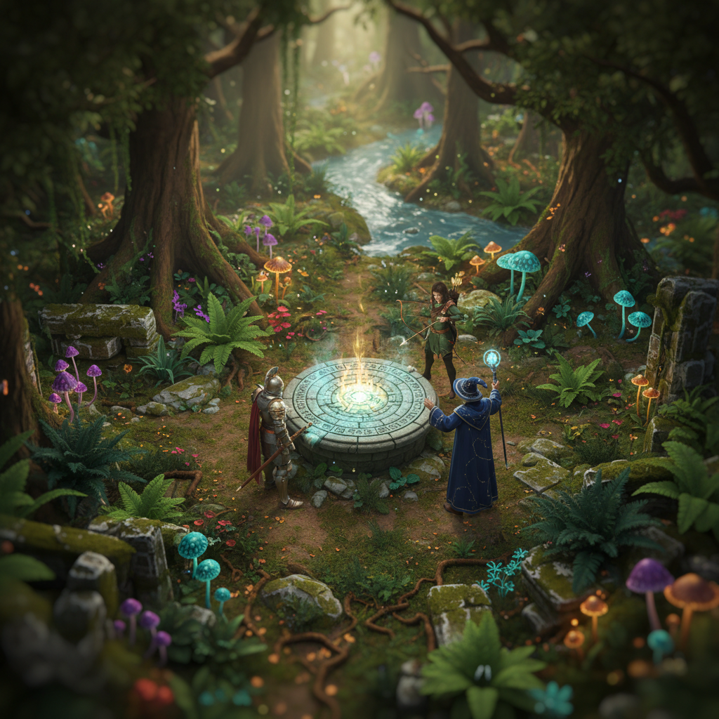 Jogadores colaborando em um cenário de RPG de fantasia com visão isométrica, floresta detalhada e efeitos de luz.