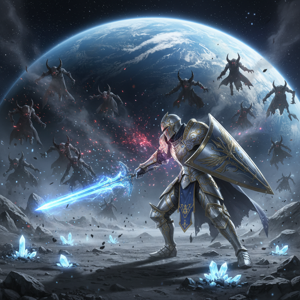 Guerreiro de armadura em batalha épica na superfície lunar com planeta azul ao fundo, estilo Final Fantasy XIV.