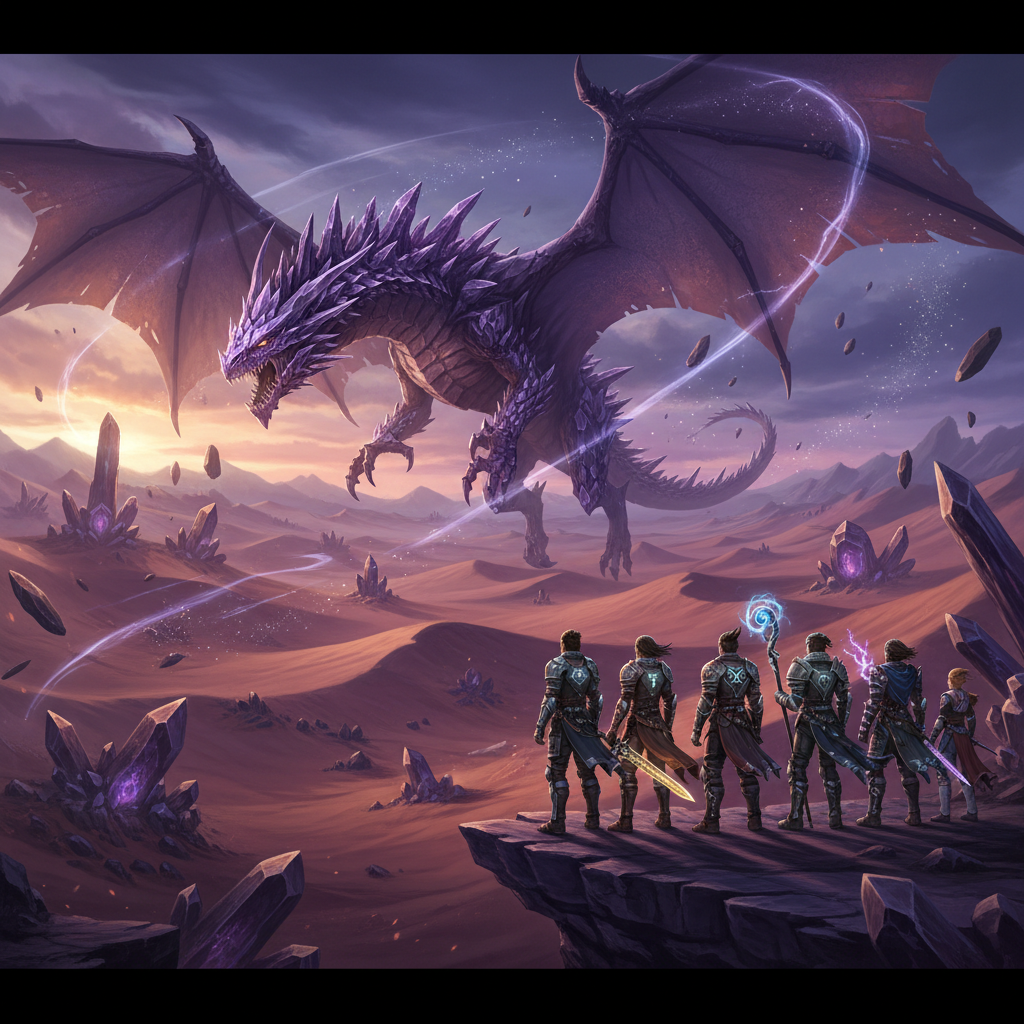 Dragão gigante de cristal sobrevoa deserto mágico em cena épica de RPG, com heróis observando no horizonte.
