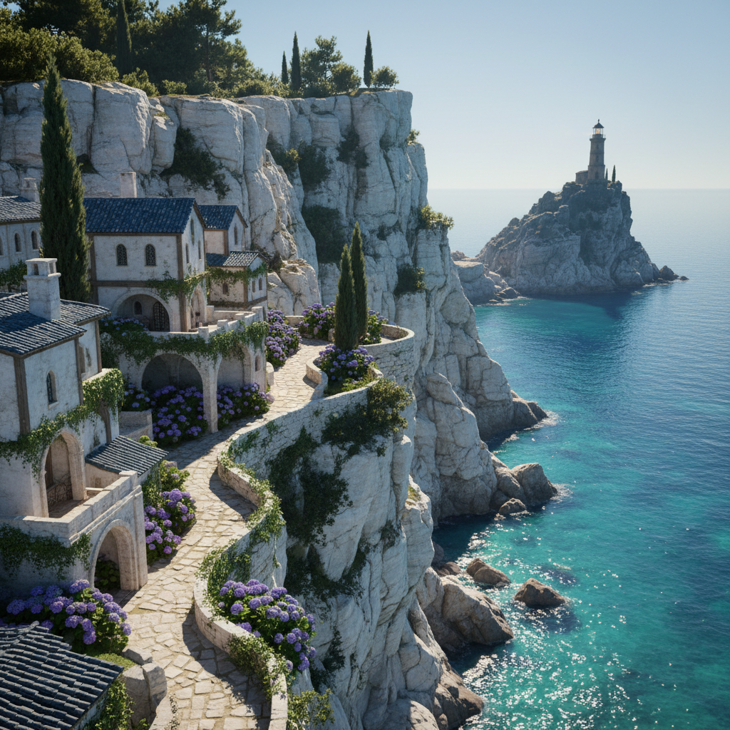 Paisagem costeira medieval com falésias brancas, mar azul e arquitetura de pedra inspirada em High Isle.