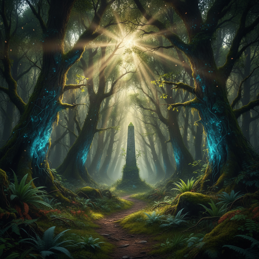 Floresta densa e misteriosa com musgos brilhantes e ruínas antigas, lembrando a exploração de Aeternum.