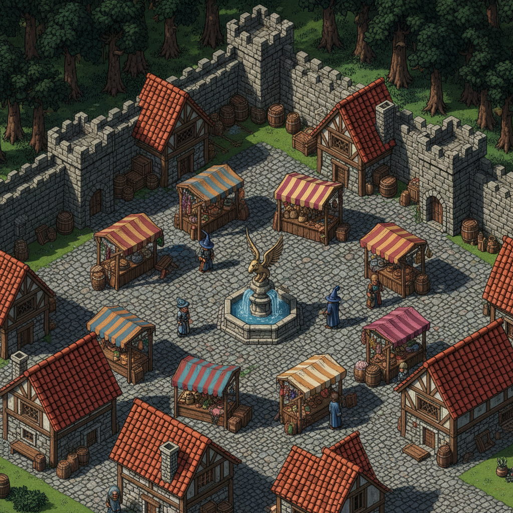 Visão aérea isométrica de uma cidade medieval de RPG clássico com casas de pedra e aventureiros na praça.