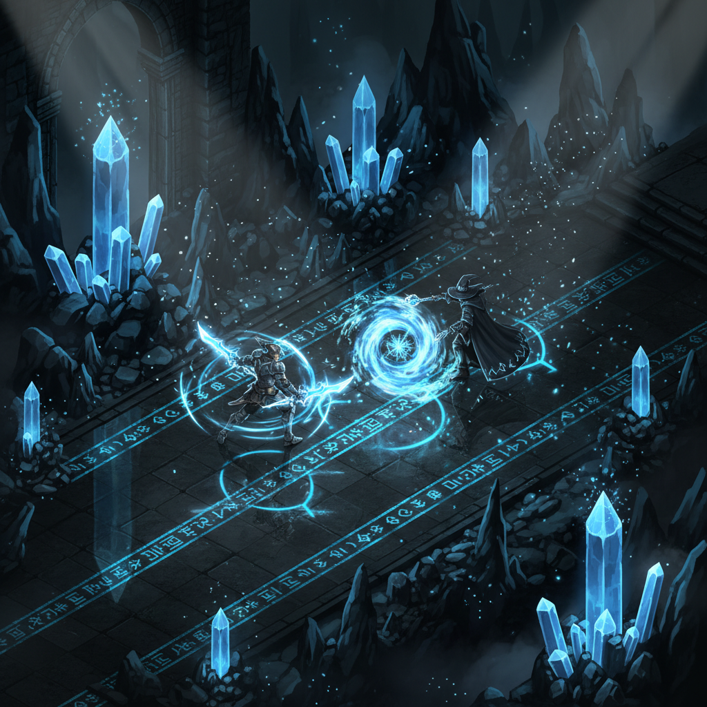 Arena de batalha isométrica em estilo MMORPG com guerreiros medievais usando magias brilhantes e runas no chão.