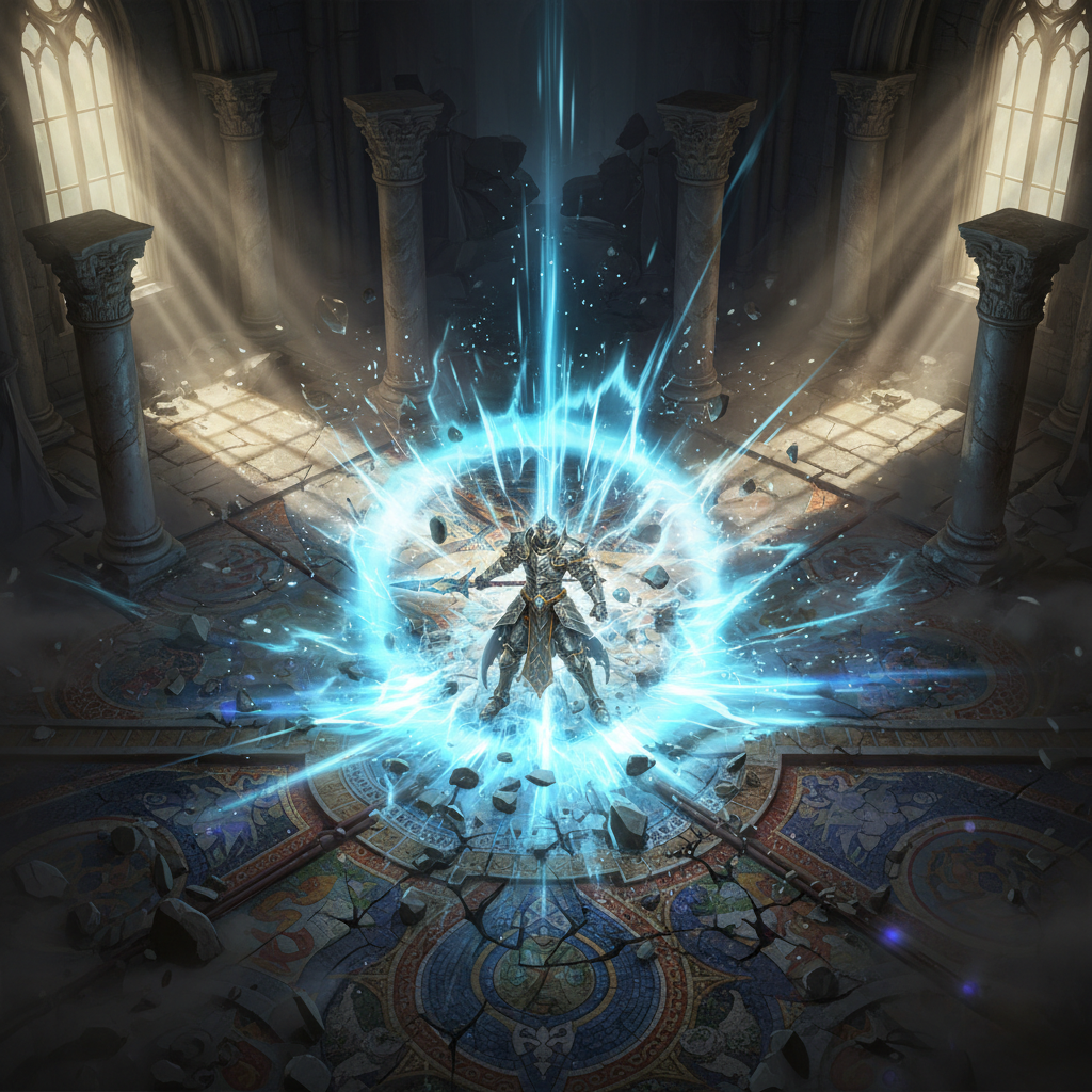 Visão isométrica de combate RPG com efeitos mágicos azuis brilhantes em uma ruína de catedral gótica.