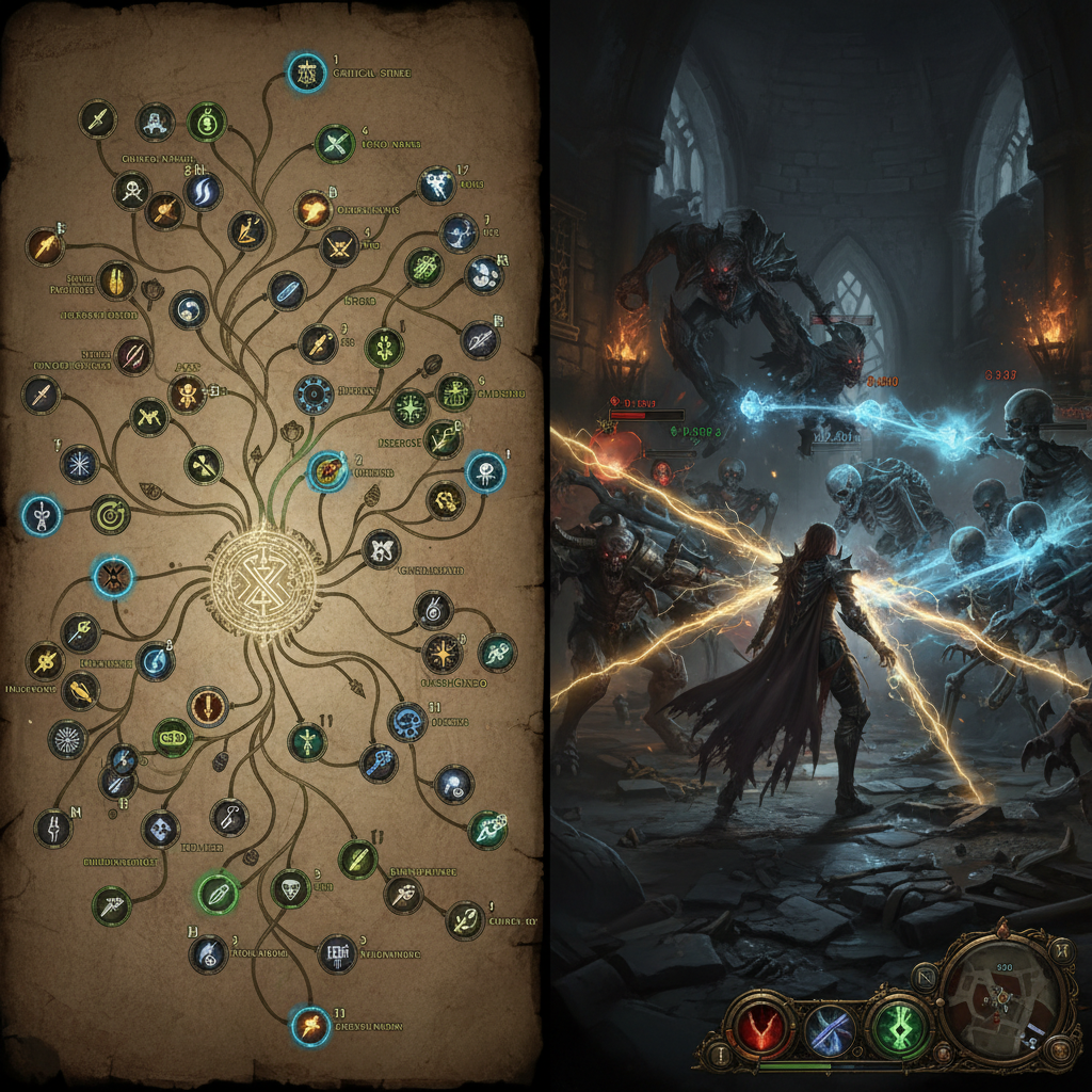Visão dividida mostrando a complexa árvore de habilidades e combate intenso com magias em um RPG de ação sombrio.