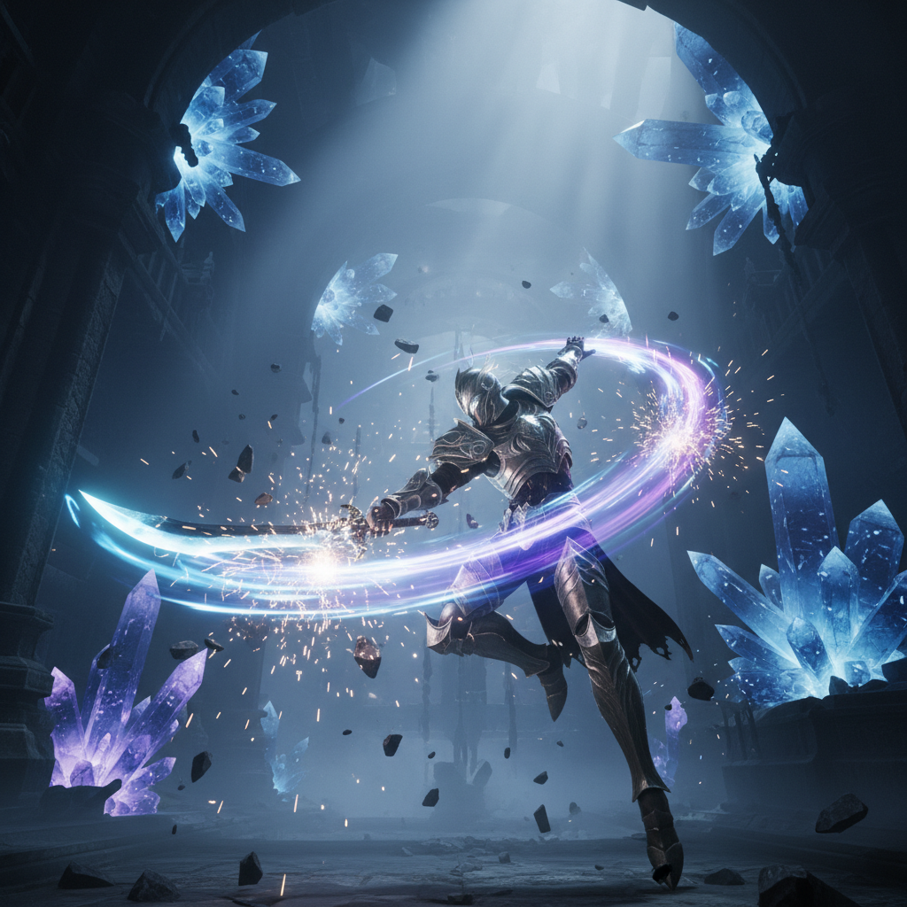 Guerreiro em armadura futurista executa combos brilhantes em uma masmorra de cristal em um RPG de ação.