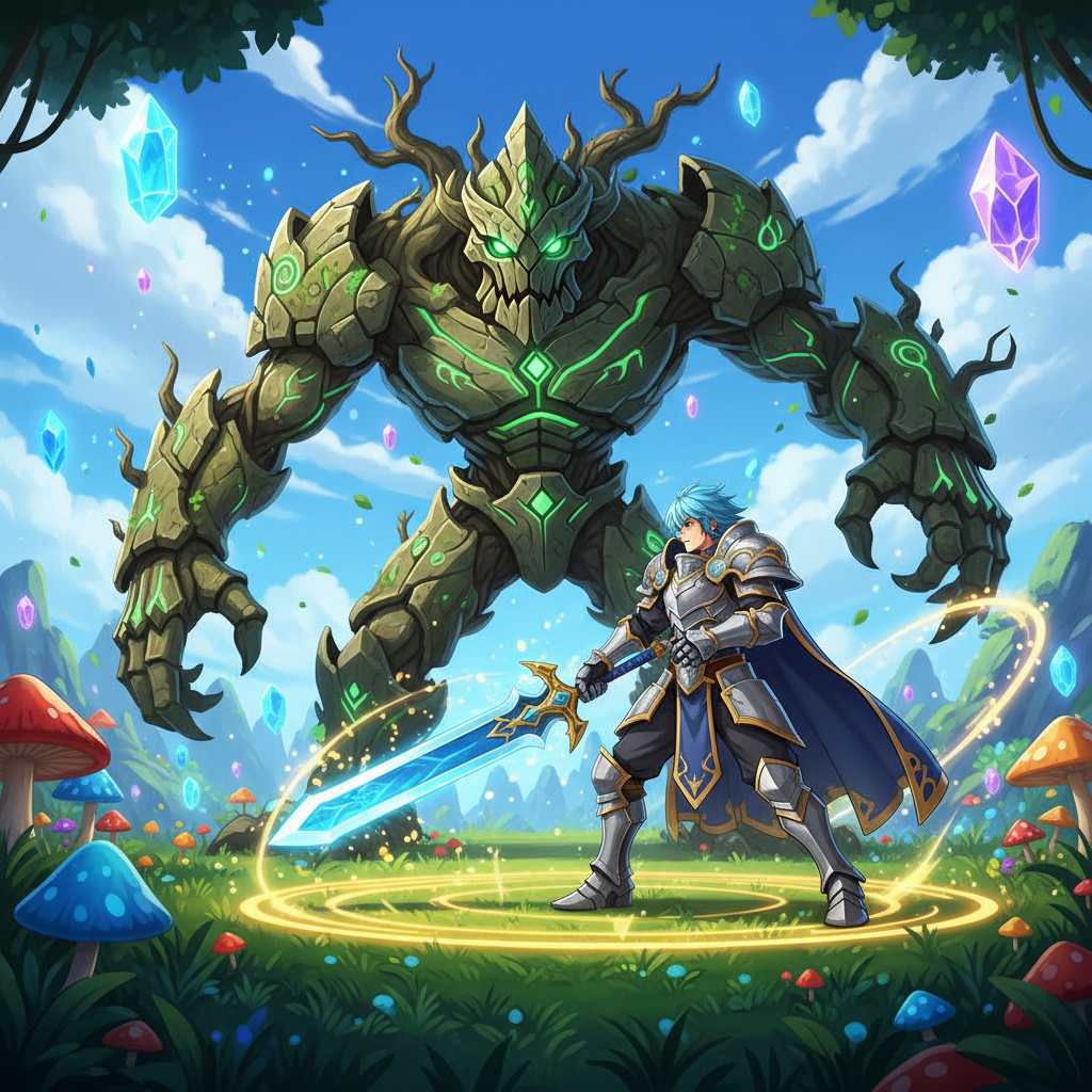 Batalha épica de MMORPG estilo anime em um campo vibrante com magia e guerreiro de armadura.