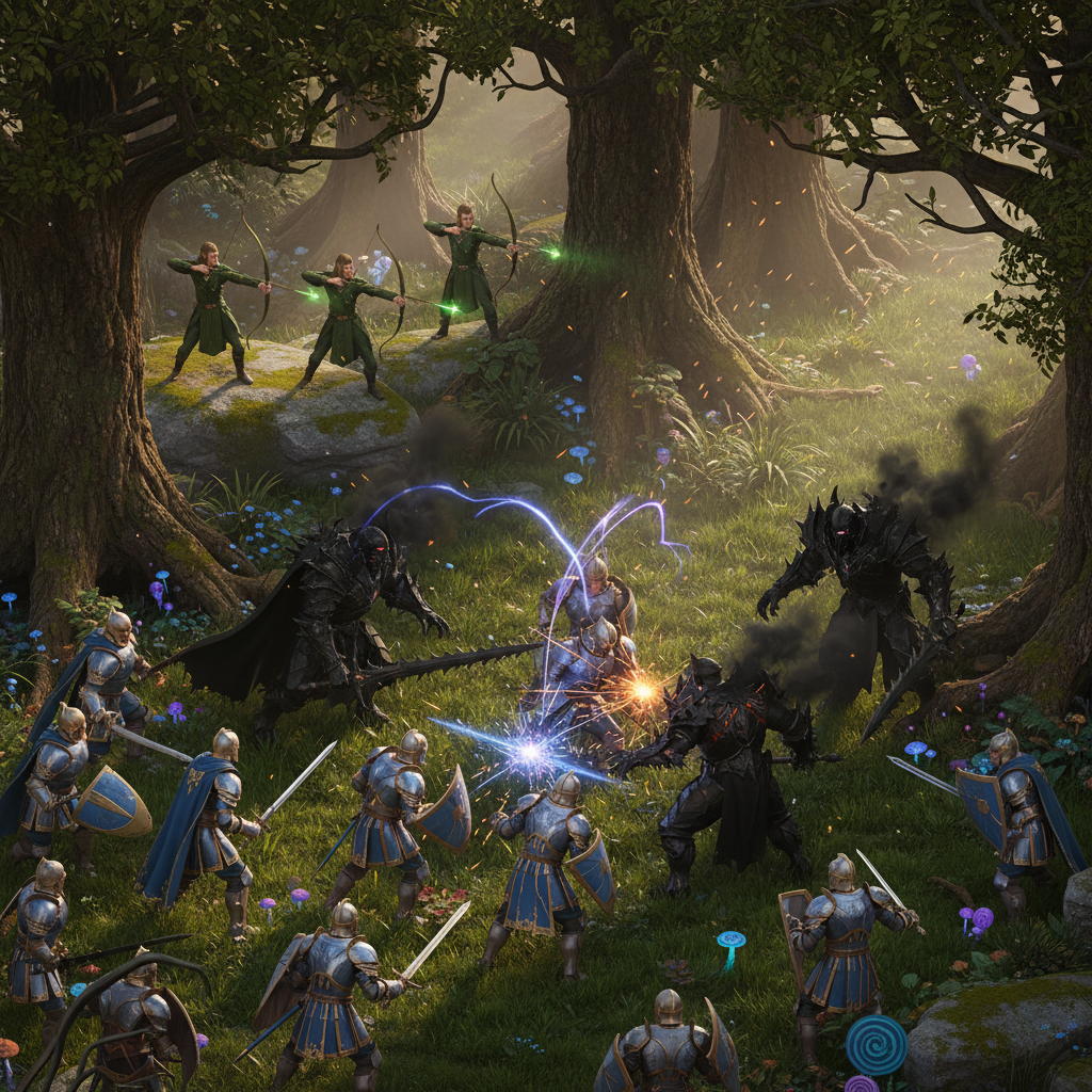 Cena de batalha épica em estilo MMORPG isométrico com guerreiros e arqueiros em uma floresta mágica.