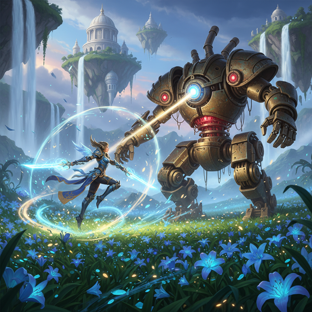 Cena de combate estilo MMORPG com personagem usando magias brilhantes em um campo de flores azuis e ilhas flutuantes.