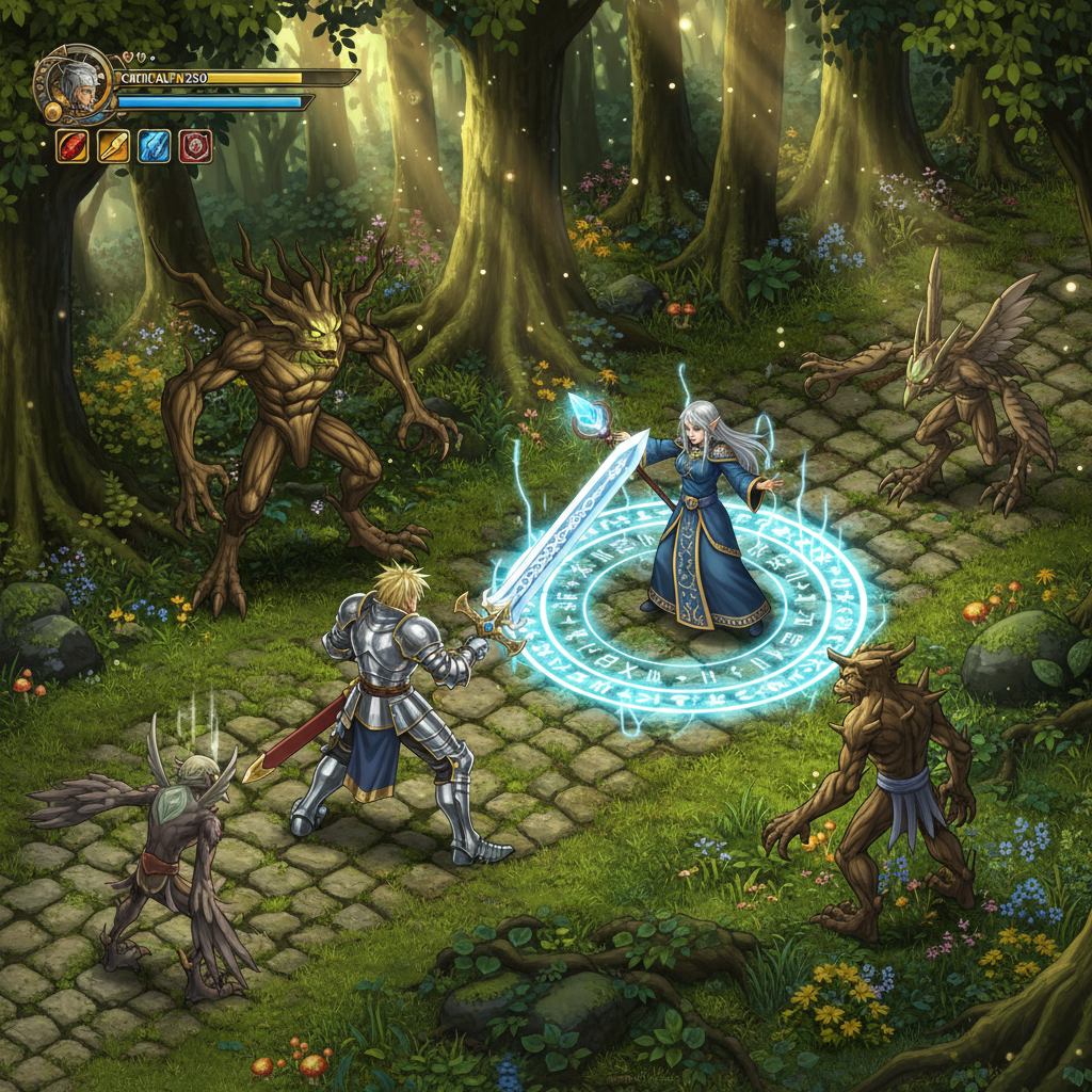 Batalha épica em estilo MMORPG isométrico com personagens de fantasia, magias brilhantes e cenário detalhado.