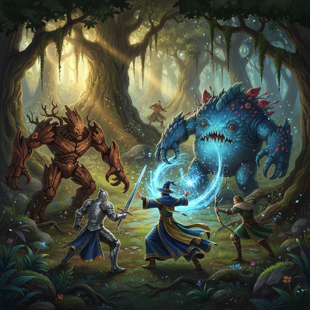 Combate épico em floresta fantástica com guerreiros e magos enfrentando monstros em estilo RPG clássico.