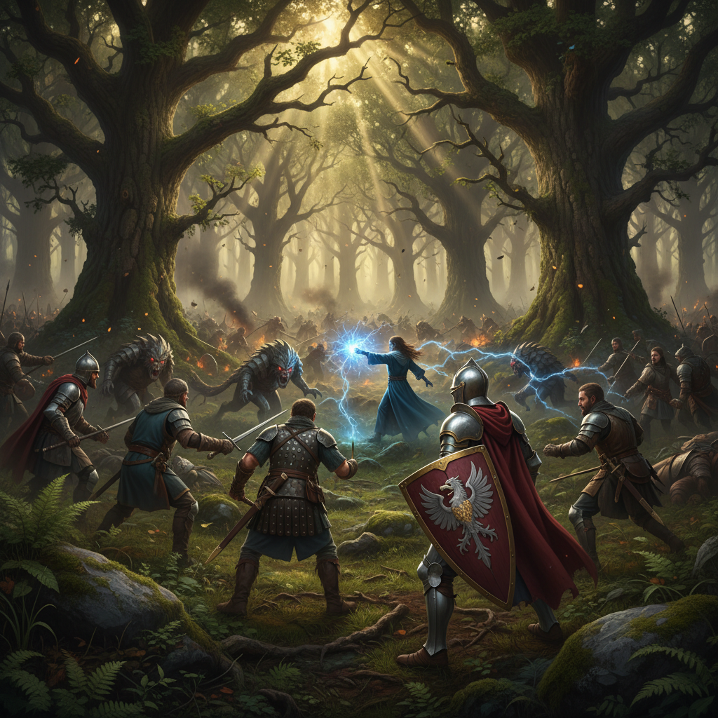 Batalha épica entre guerreiros e magos em uma floresta densa com efeitos de luz mágica e armaduras detalhadas.