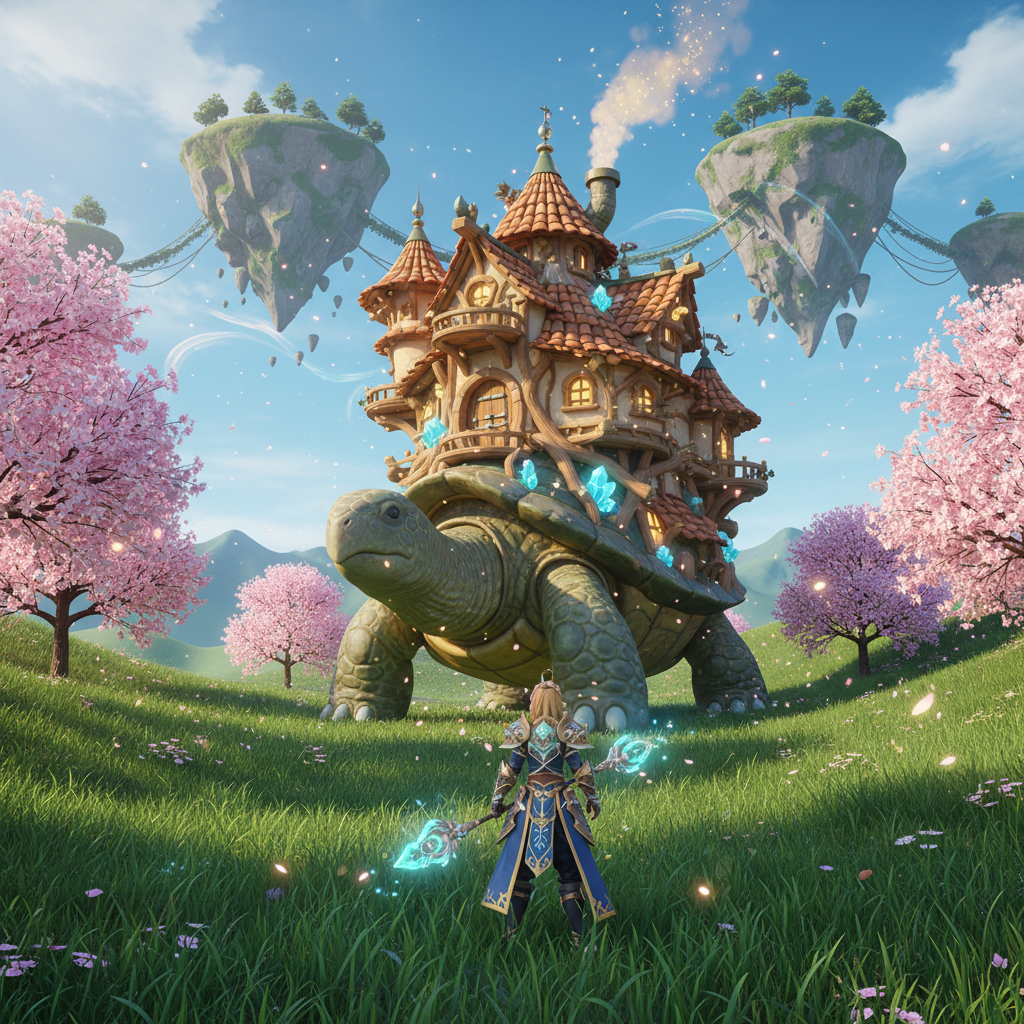 Gameplay de MMORPG estilo anime com um personagem em frente a uma casa ambulante em um campo florido e ensolarado.