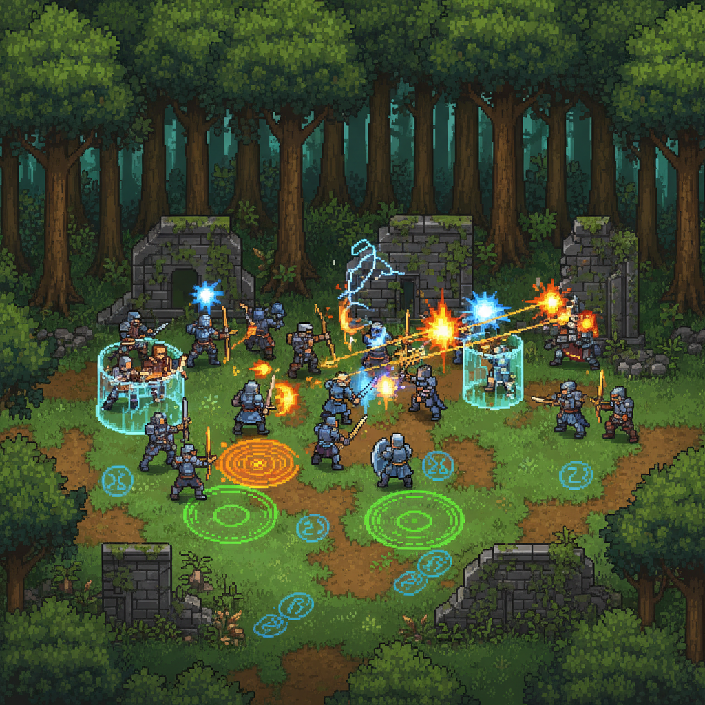 Batalha PvP em estilo pixel art em uma floresta fantástica com guerreiros e magos lutando.