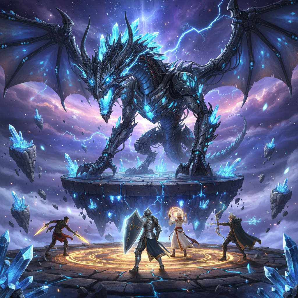Batalha épica contra dragão mecânico gigante em uma plataforma flutuante com efeitos de magia e luz.