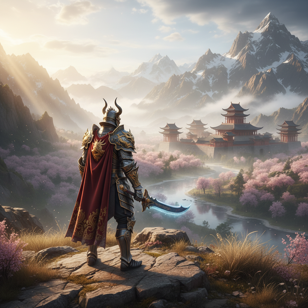 Guerreiro em armadura épica observa vale fantástico com arquitetura oriental e montanhas em um cenário de MMORPG.