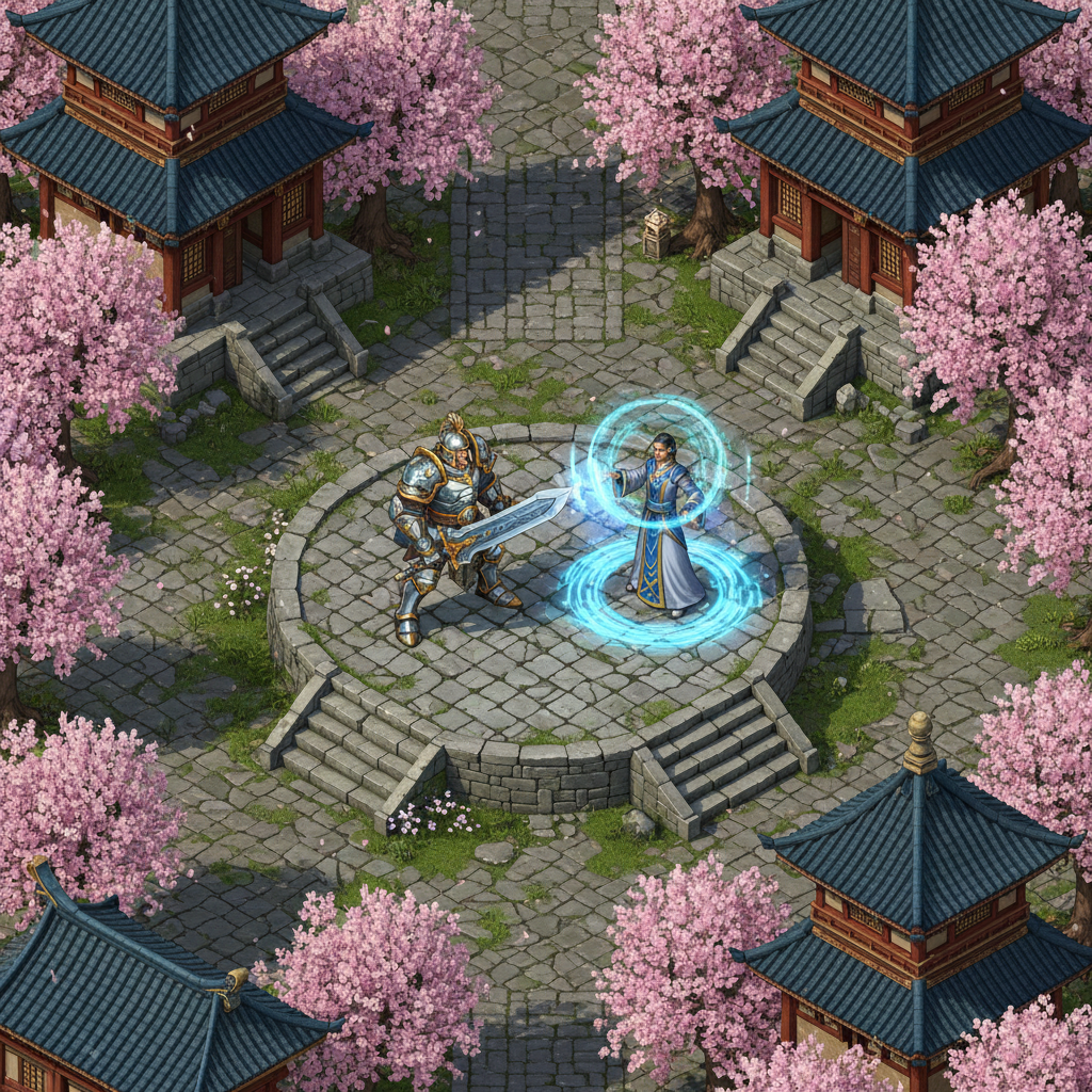 Arena de batalha isométrica de MMORPG com guerreiro e mago em combate estilo fantasia clássica.