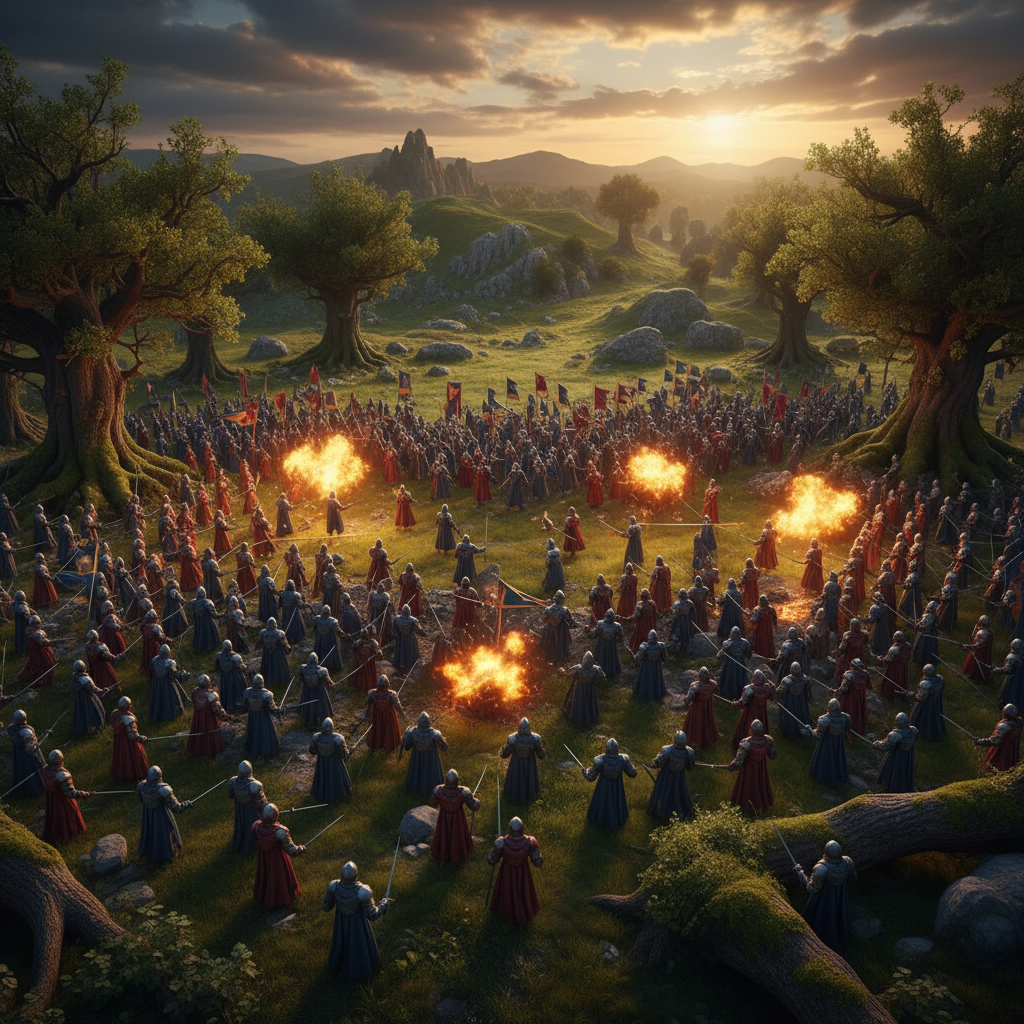 Batalha épica de RPG em mundo aberto com centenas de guerreiros e magos em uma floresta detalhada.