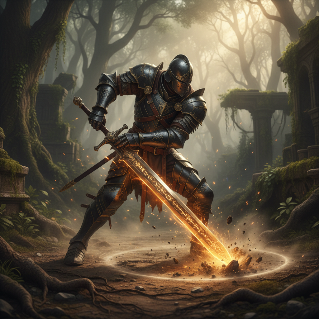 Guerreiro em armadura preta executando habilidade de combate com espada brilhante em floresta fantasiosa.