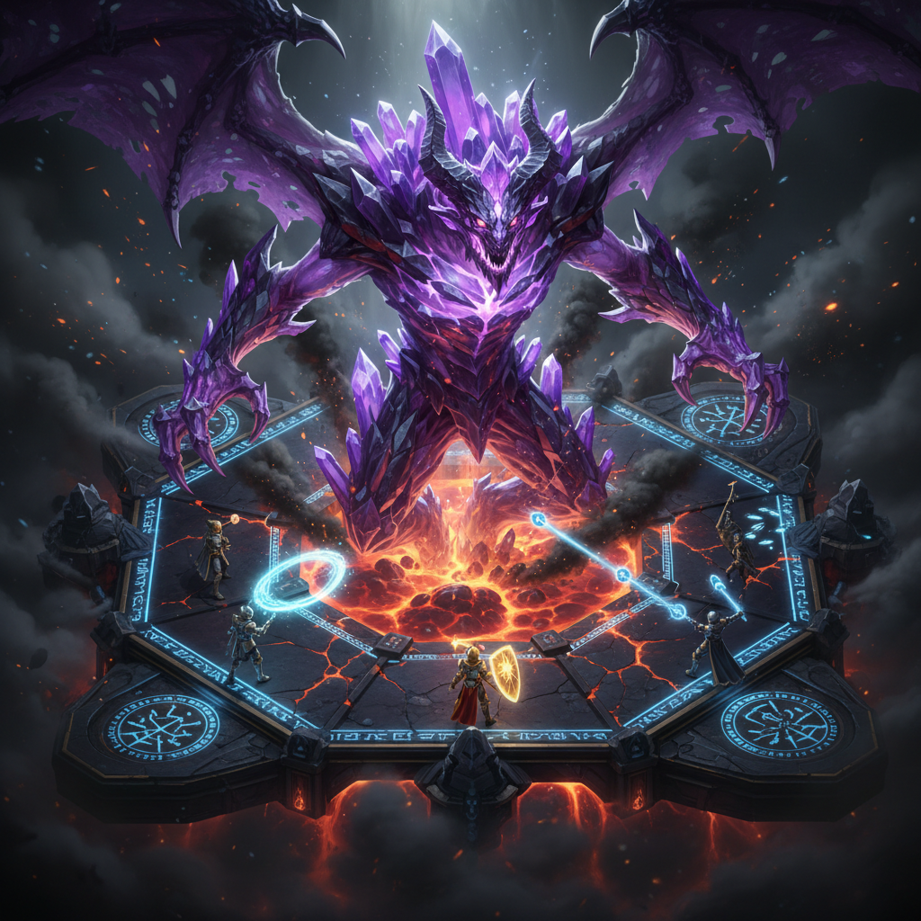 Visão isométrica de batalha épica contra chefe colossal em arena de fantasia com efeitos de luz intensos.
