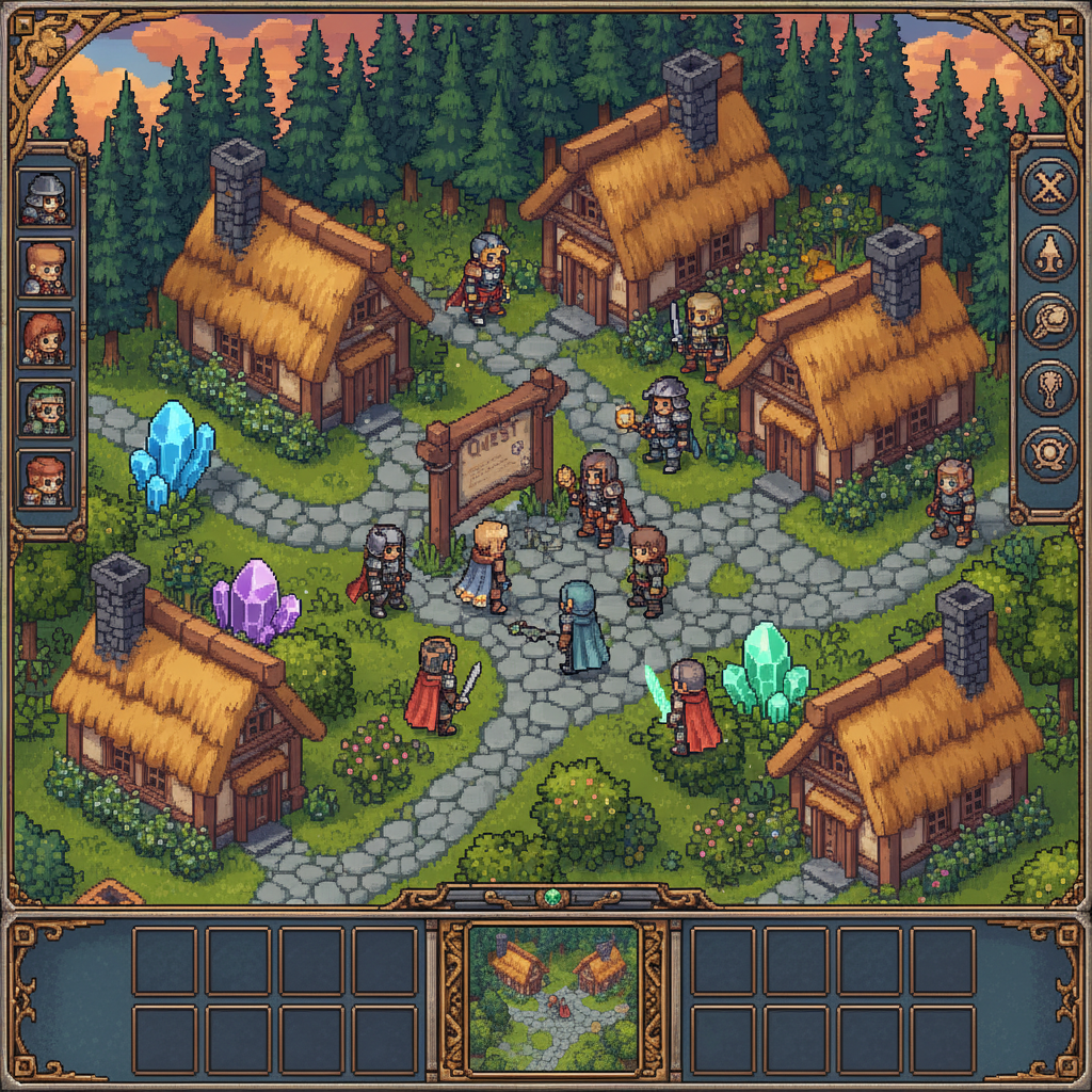 Gameplay de MMORPG em pixel art 2D com personagens em uma vila de fantasia, estilo Warspear Online.