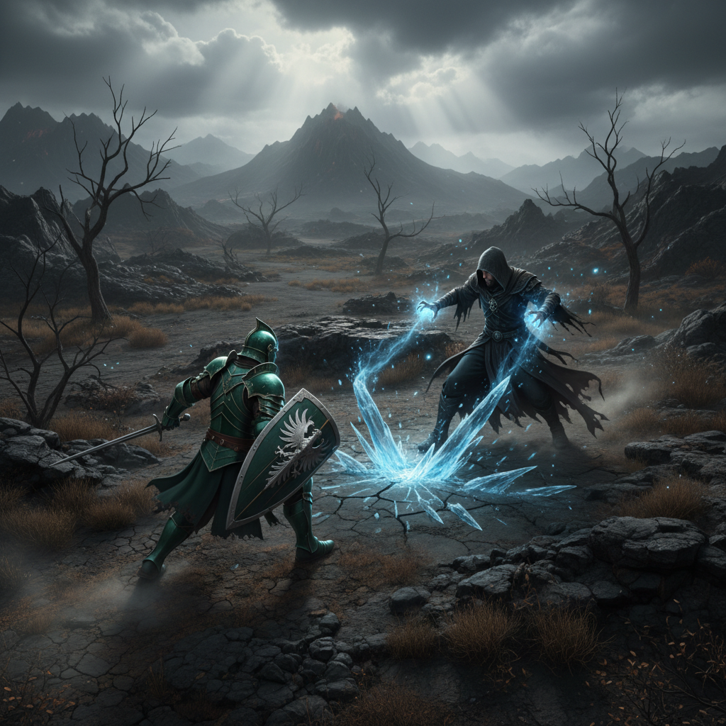 Dois guerreiros em combate PvP em um cenário vulcânico desolado com magias e armaduras medievais.