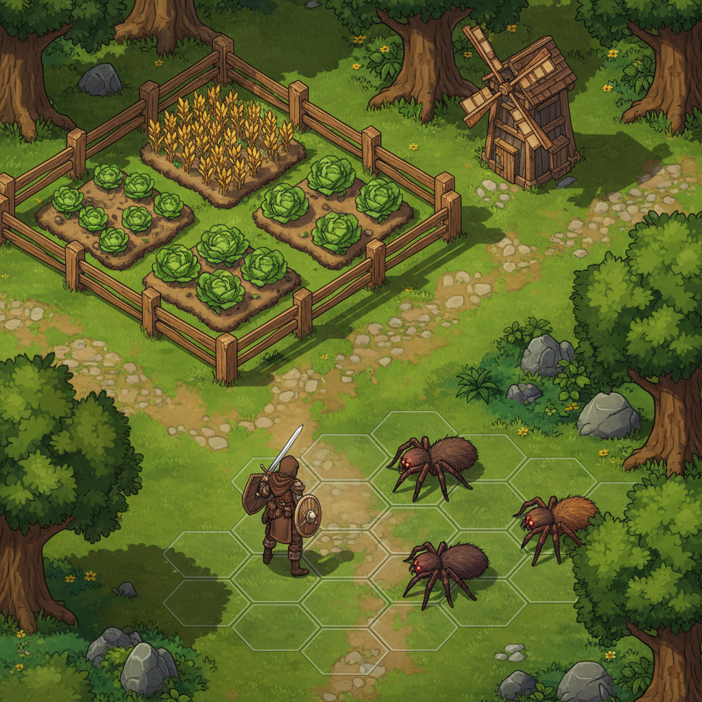 Visão isométrica de um RPG com fazenda e combate contra aranhas gigantes em um cenário de fantasia detalhado.