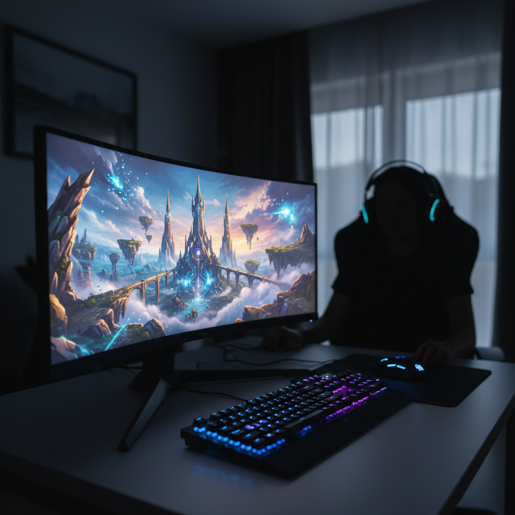 Setup de PC gamer exibindo um mundo de fantasia MMORPG com iluminação RGB azul e roxa em ambiente imersivo.