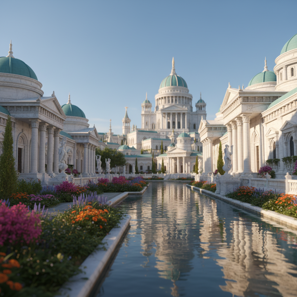 Paisagem urbana de Old Sharlayan no jogo Final Fantasy XIV com arquitetura clássica em mármore branco e domos turquesa.