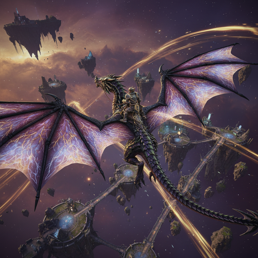 Jogador montado em um dragão Skyscale sobrevoando ilhas flutuantes em um cenário fantástico de Guild Wars 2.