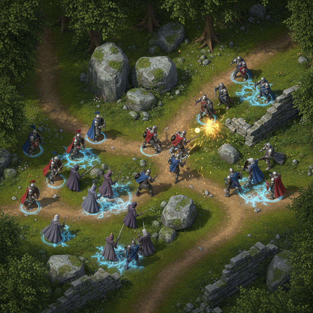 Batalha épica de RPG isométrico em uma floresta com cavaleiros e magos usando magias brilhantes em ruínas de pedra.