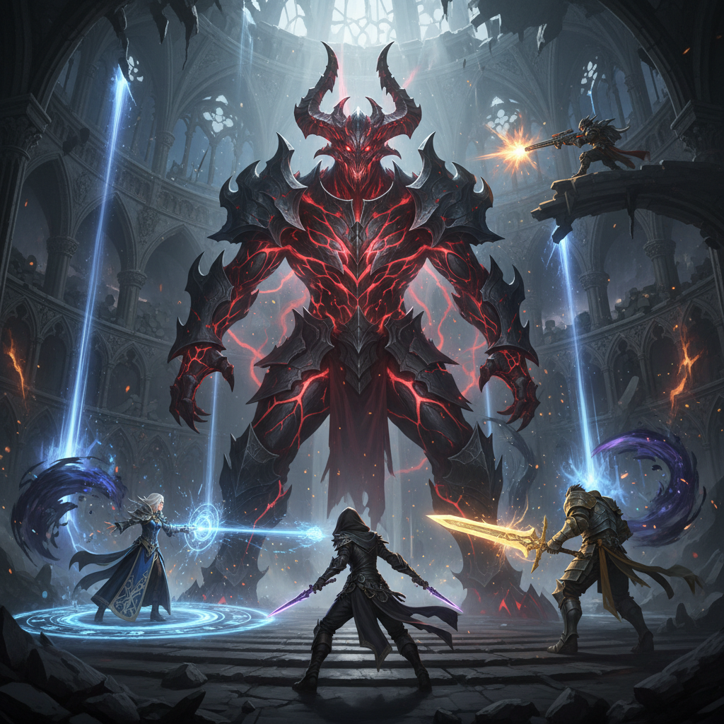 Batalha épica contra chefe gigante em arena gótica com efeitos de magia e heróis de RPG de ação.