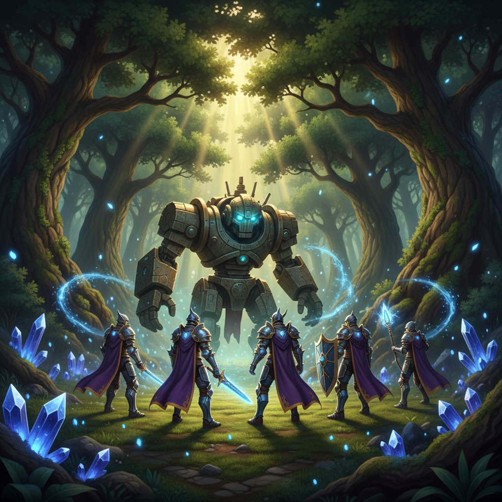 Cena épica de combate em um MMORPG de fantasia clássico com guerreiros enfrentando um golem em uma floresta mágica.