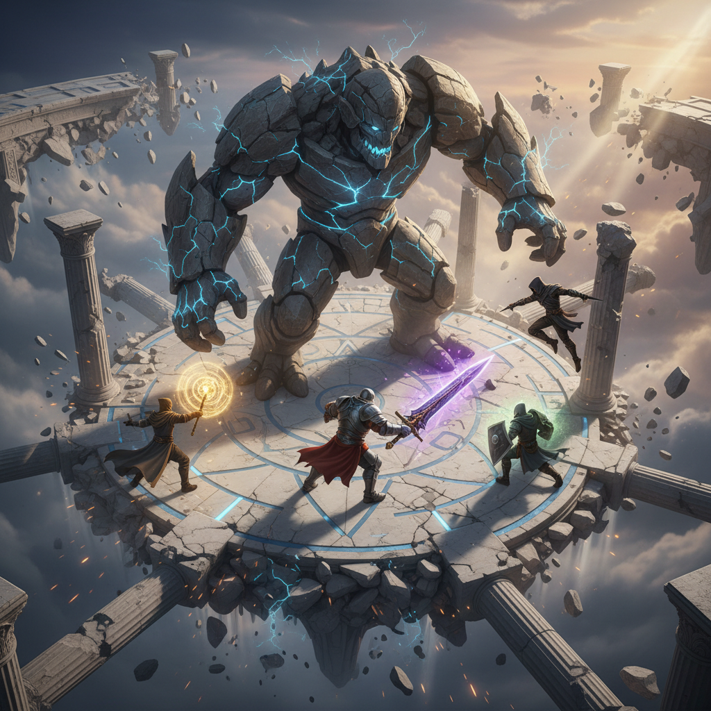Batalha épica contra chefe gigante em um templo celestial, com efeitos de luz e heróis em combate de RPG.