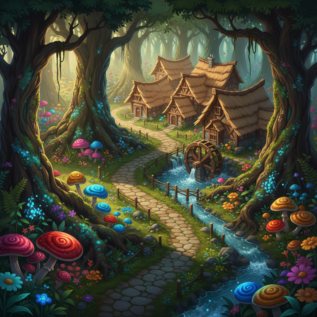 Cenário de floresta fantástica com árvores mágicas e casas de madeira em estilo de jogo MMORPG clássico.